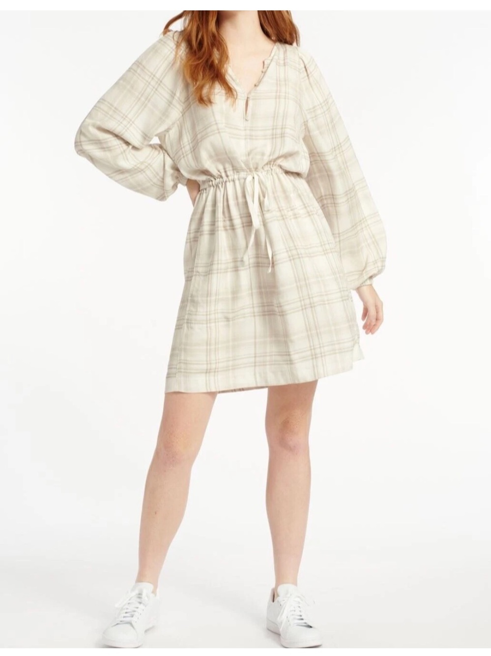 Splendid Cream Plaid Drawstring lyocell blend pocket Mini Dress